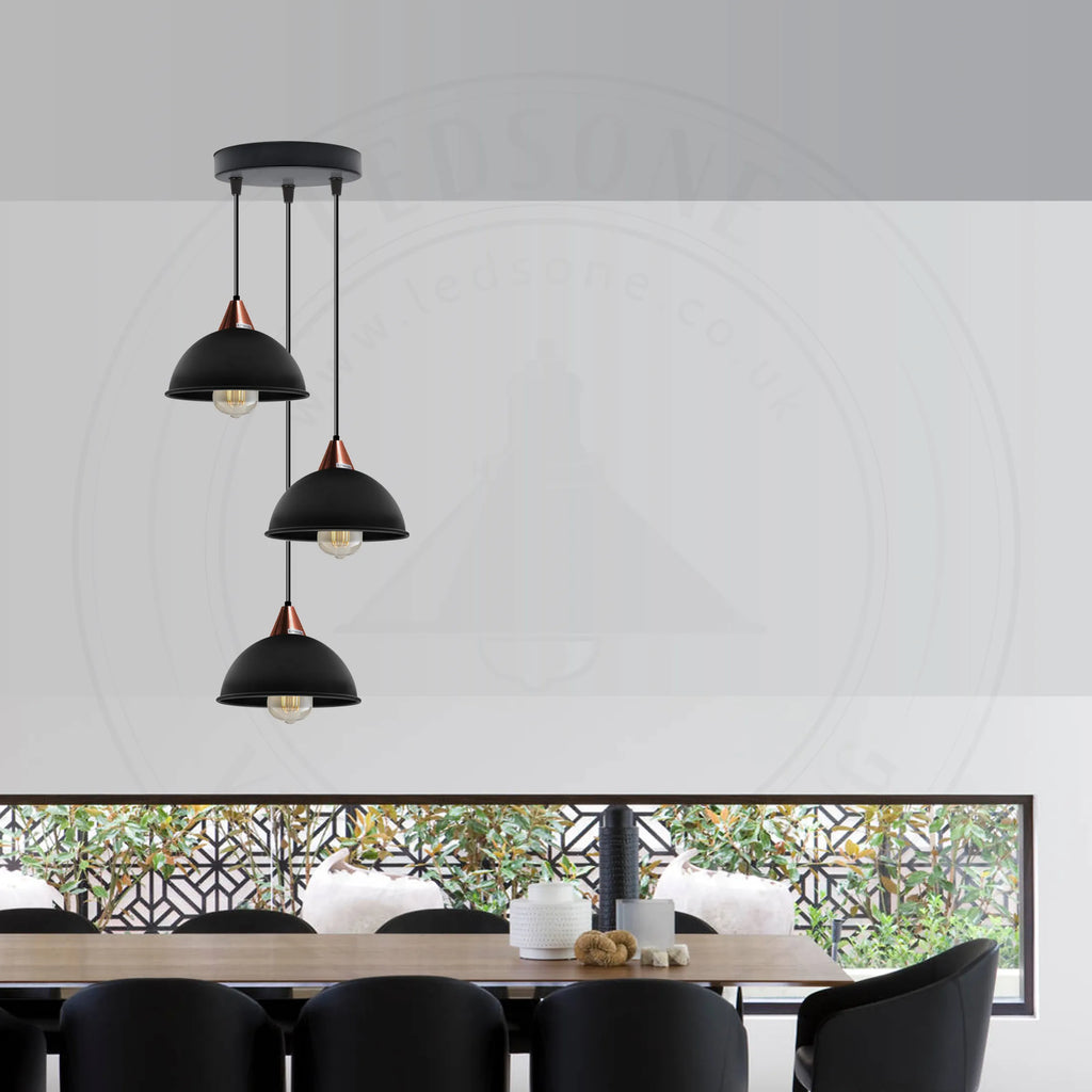 E27  Black Round Three Outlet 21cm Dome Pendant Retro Ceiling Light Shade~4343