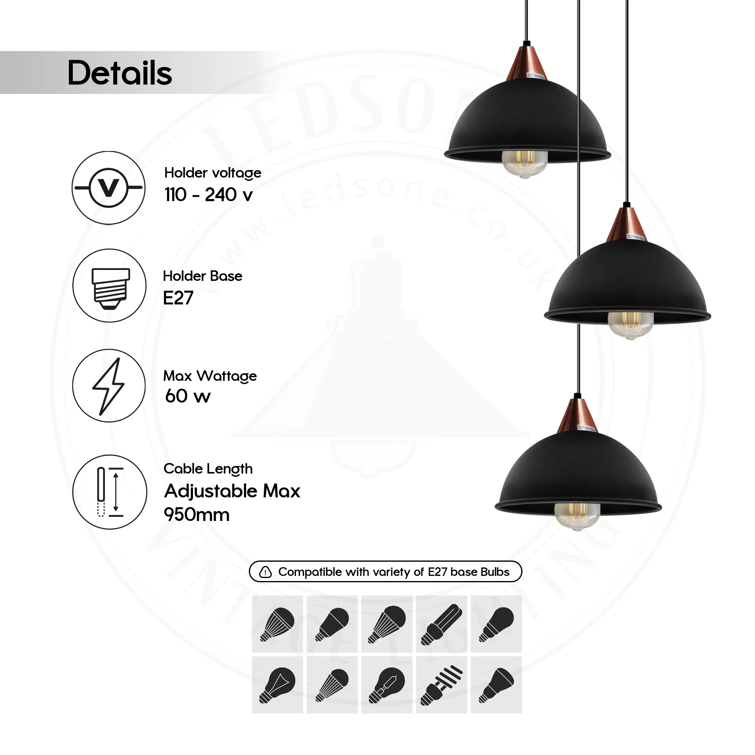 E27  Black Round Three Outlet 21cm Dome Pendant Retro Ceiling Light Shade~4343