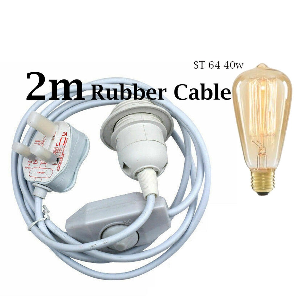 White 2m Plug In Pendant with Switch Holder Lighting Cable ~2116