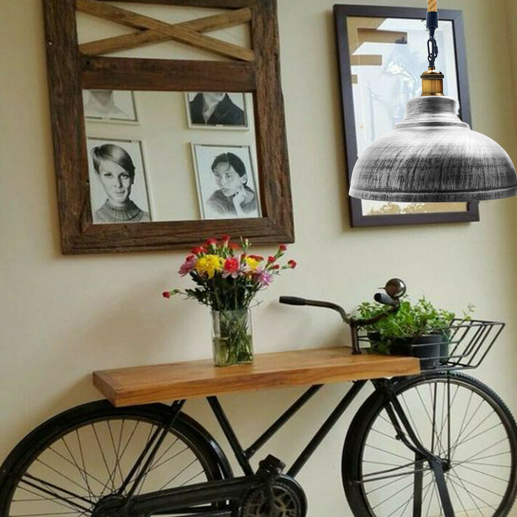 Vintage Metal Ceiling Brushed Silver Pendant Shade Hemp Hanging Retro Light~1939