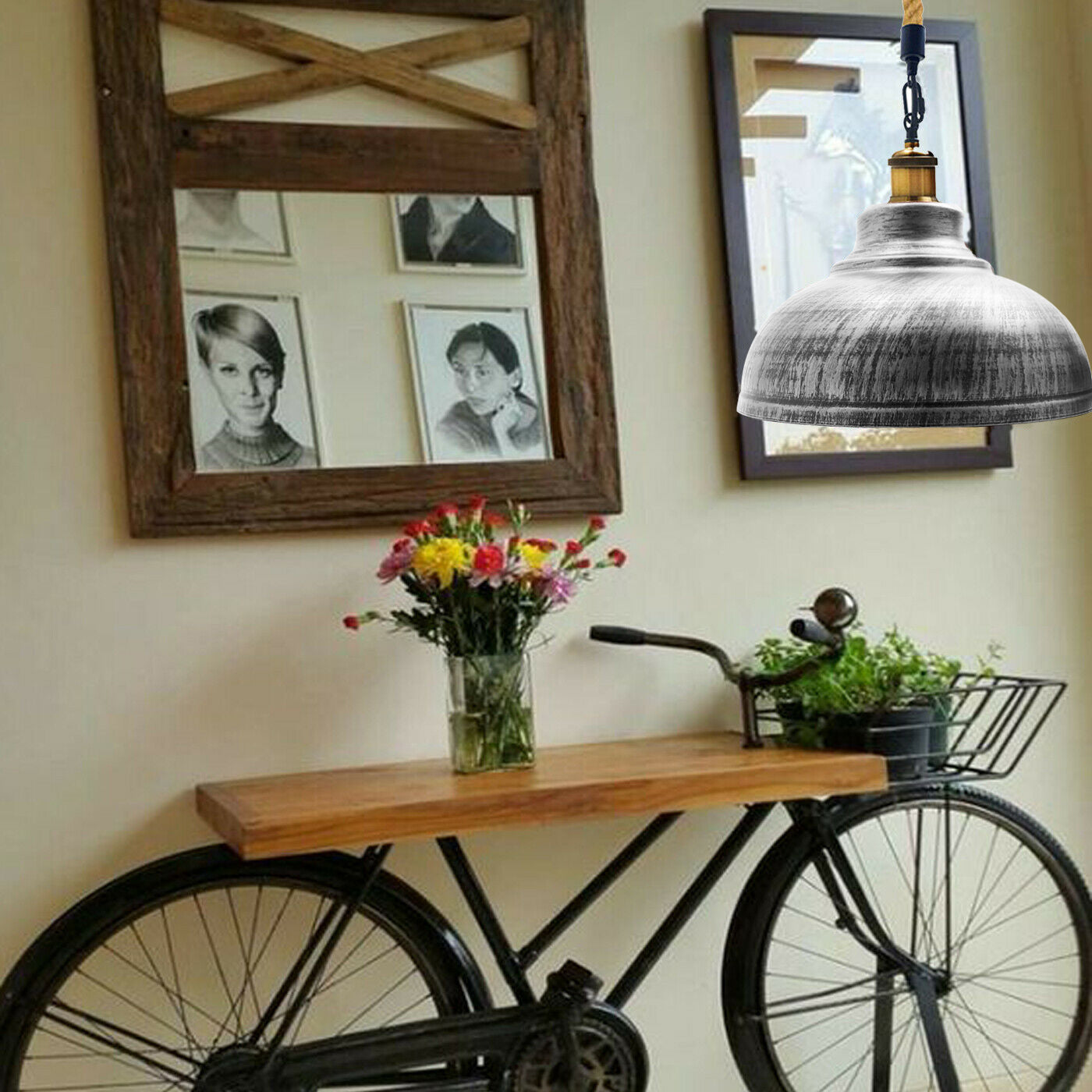 Vintage Metal Ceiling Brushed Silver Pendant Shade Hemp Hanging Retro Light~1939